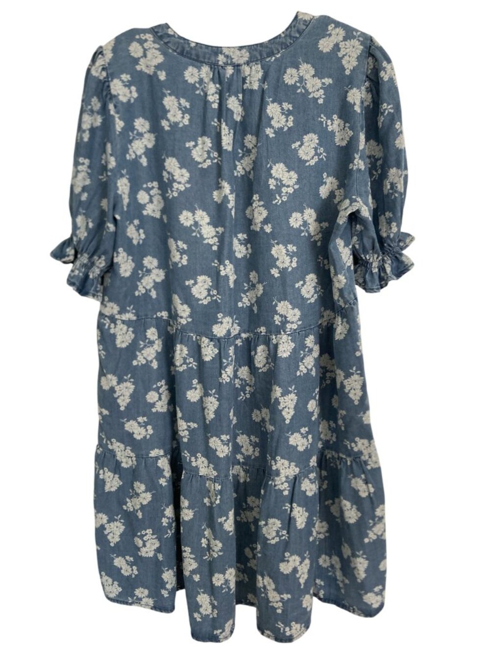 Floral Chambray Tiered Midi Dress Soft Denim With Puff Sleeves Look Boho Casual - Picture 2 of 5